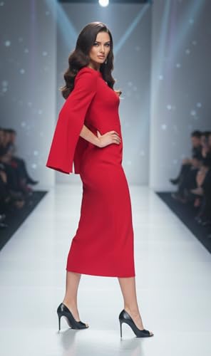 Women's Red Bodycon Midi Dress – Cape Sleeve, Round Neck, Sleek Fit for Cocktail