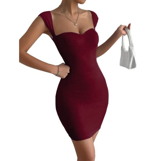 Solid Sweetheart Neck Short Sleeves Ribbed Mini Bodycon Dress for Women