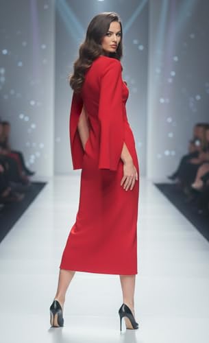 Women's Red Bodycon Midi Dress – Cape Sleeve, Round Neck, Sleek Fit for Cocktail