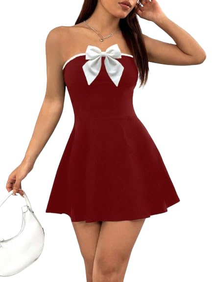 Solid Tube Bow Detailing Sleeveless Fit & Flare Mini Dress for Women