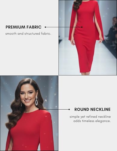 Women's Red Bodycon Midi Dress – Cape Sleeve, Round Neck, Sleek Fit for Cocktail