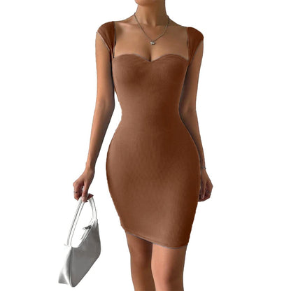 Solid Sweetheart Neck Short Sleeves Ribbed Mini Bodycon Dress for Women