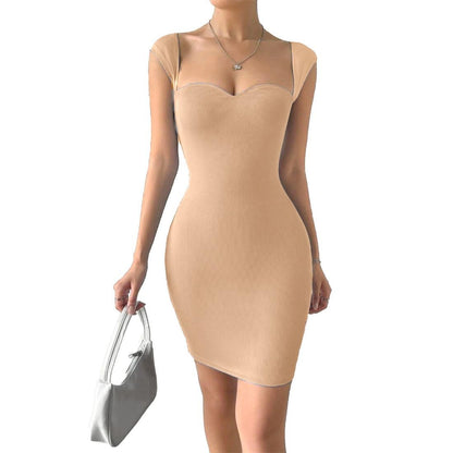 Solid Sweetheart Neck Short Sleeves Ribbed Mini Bodycon Dress for Women