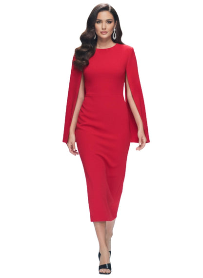 Women's Red Bodycon Midi Dress – Cape Sleeve, Round Neck, Sleek Fit for Cocktail