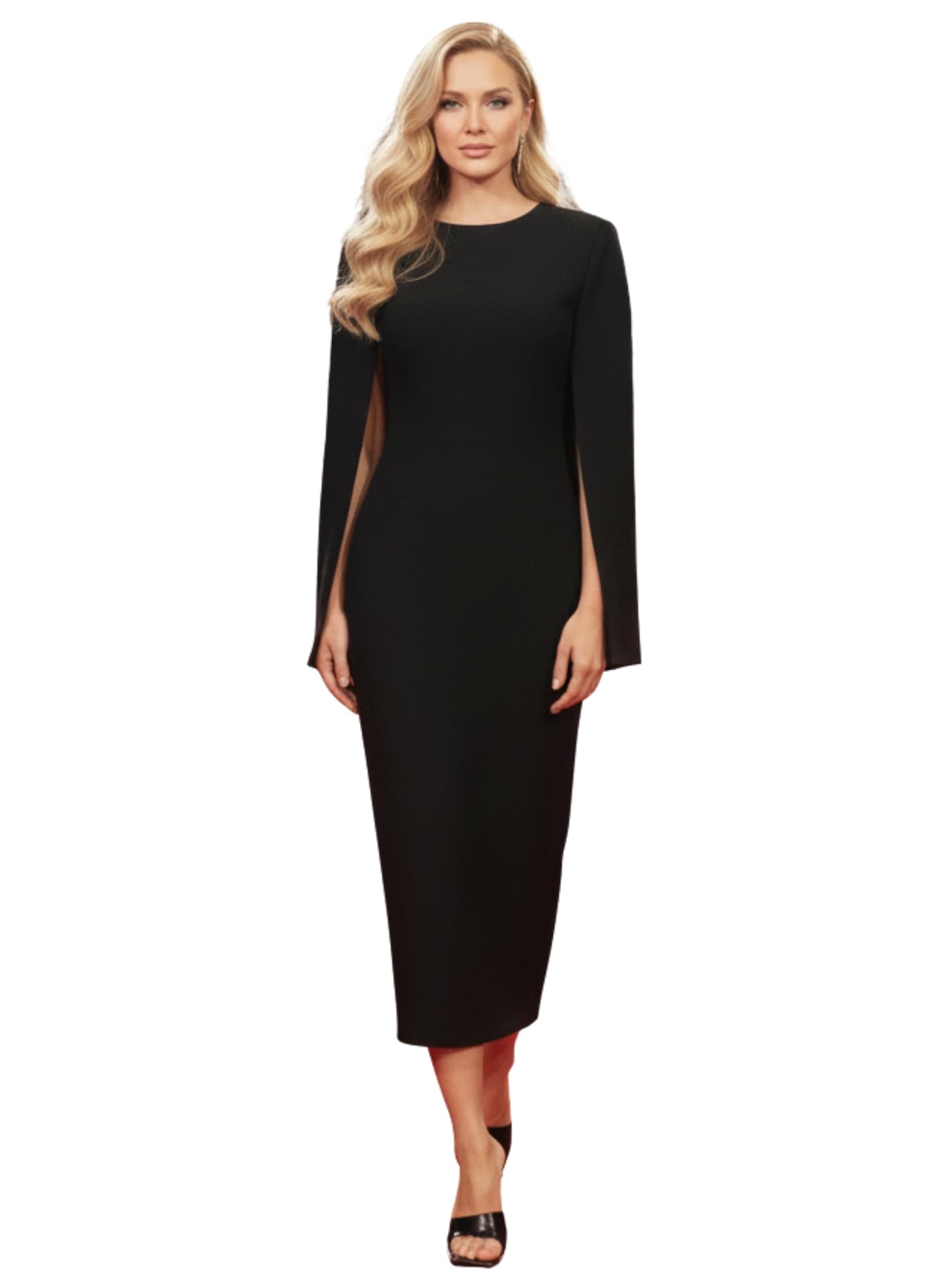 Women's Red Bodycon Midi Dress – Cape Sleeve, Round Neck, Sleek Fit for Cocktail