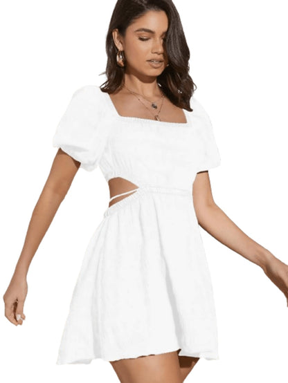 Girl's Fit And Flare Solid Summer Beach Square Neck Puff Sleeve Cut Out Waist Mini Dress