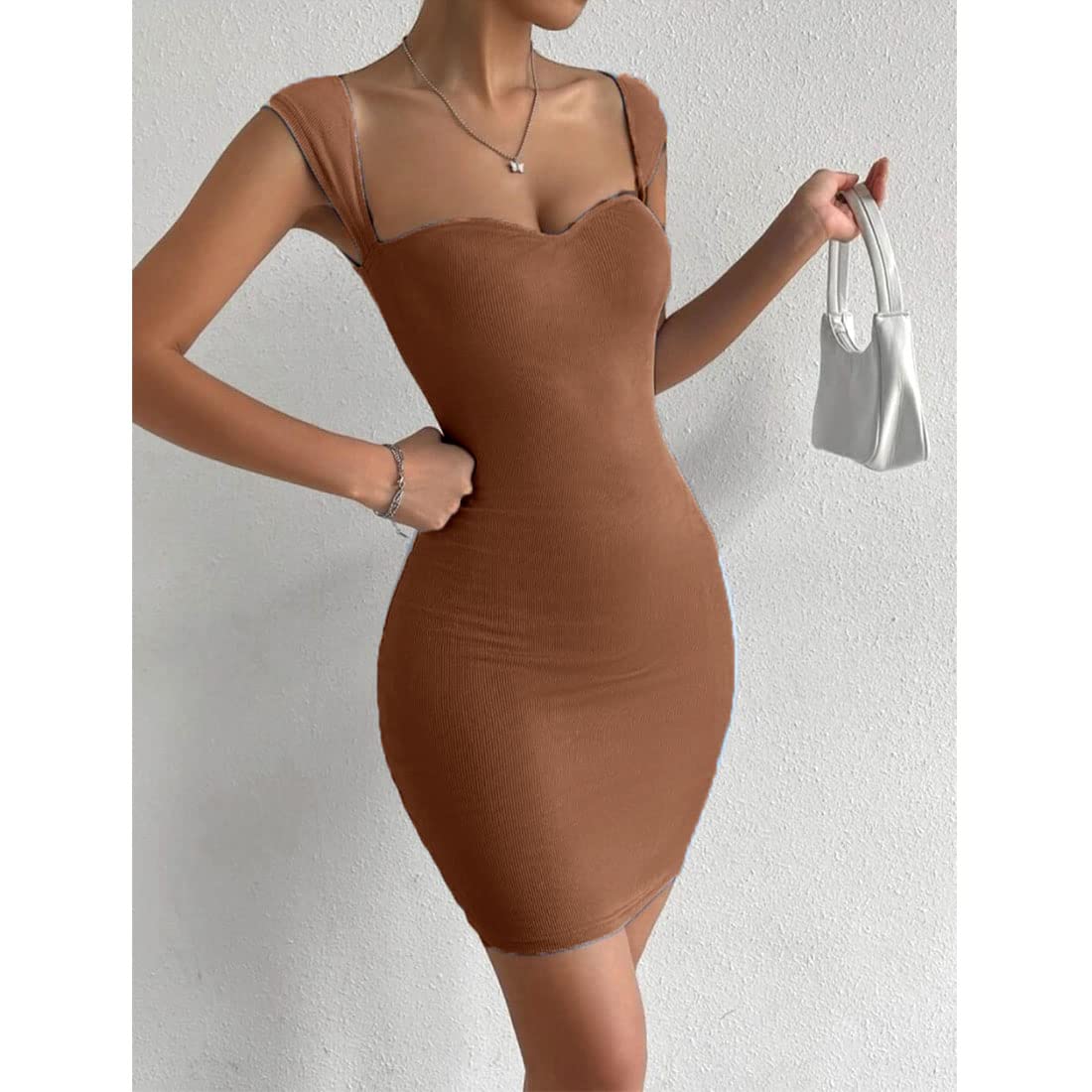 Solid Sweetheart Neck Short Sleeves Ribbed Mini Bodycon Dress for Women