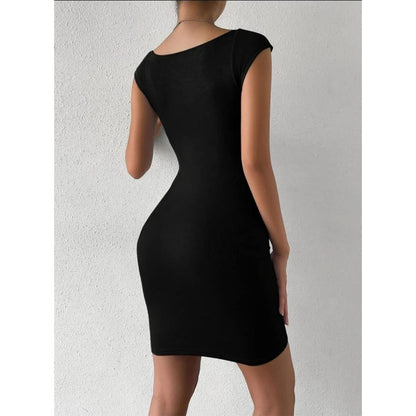 Solid Sweetheart Neck Short Sleeves Ribbed Mini Bodycon Dress for Women