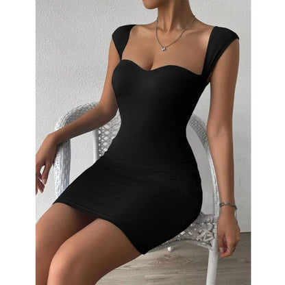 Solid Sweetheart Neck Short Sleeves Ribbed Mini Bodycon Dress for Women
