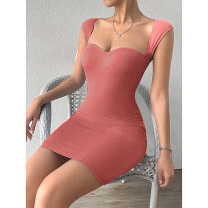 Solid Sweetheart Neck Short Sleeves Ribbed Mini Bodycon Dress for Women