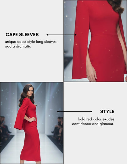 Women's Red Bodycon Midi Dress – Cape Sleeve, Round Neck, Sleek Fit for Cocktail