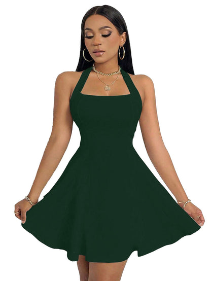 Solid Halter Neck Sleeveless Fit & Flared Mini Dress for Women