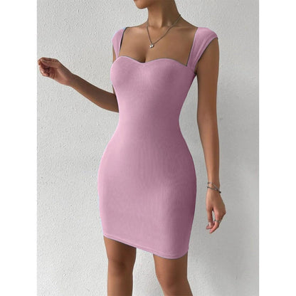 Solid Sweetheart Neck Short Sleeves Ribbed Mini Bodycon Dress for Women
