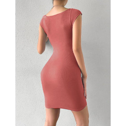 Solid Sweetheart Neck Short Sleeves Ribbed Mini Bodycon Dress for Women