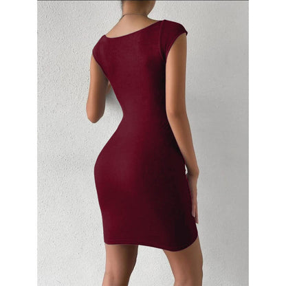 Solid Sweetheart Neck Short Sleeves Ribbed Mini Bodycon Dress for Women