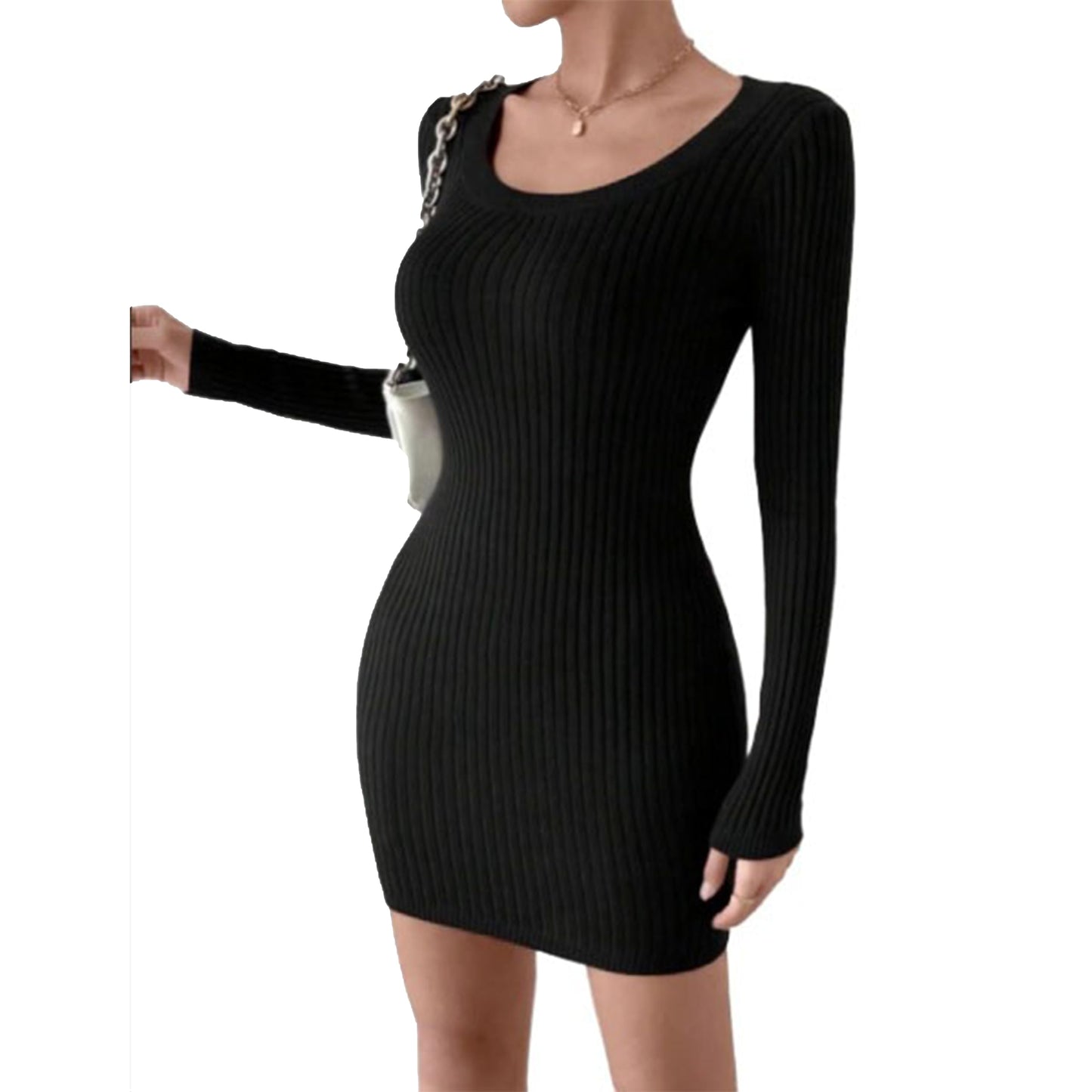 Solid Women Casual Ribbed Square Neck Long Sleeves Bodycon Dress