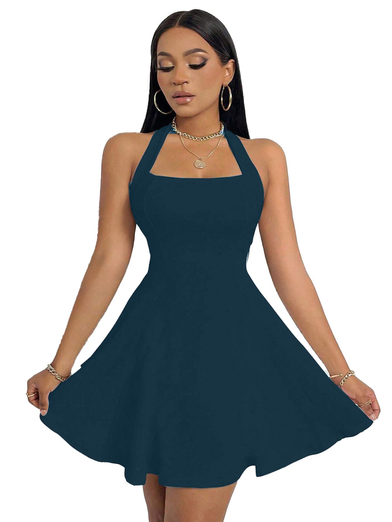 Solid Halter Neck Sleeveless Fit & Flared Mini Dress for Women