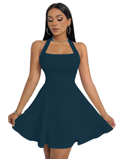 Solid Halter Neck Sleeveless Fit & Flared Mini Dress for Women