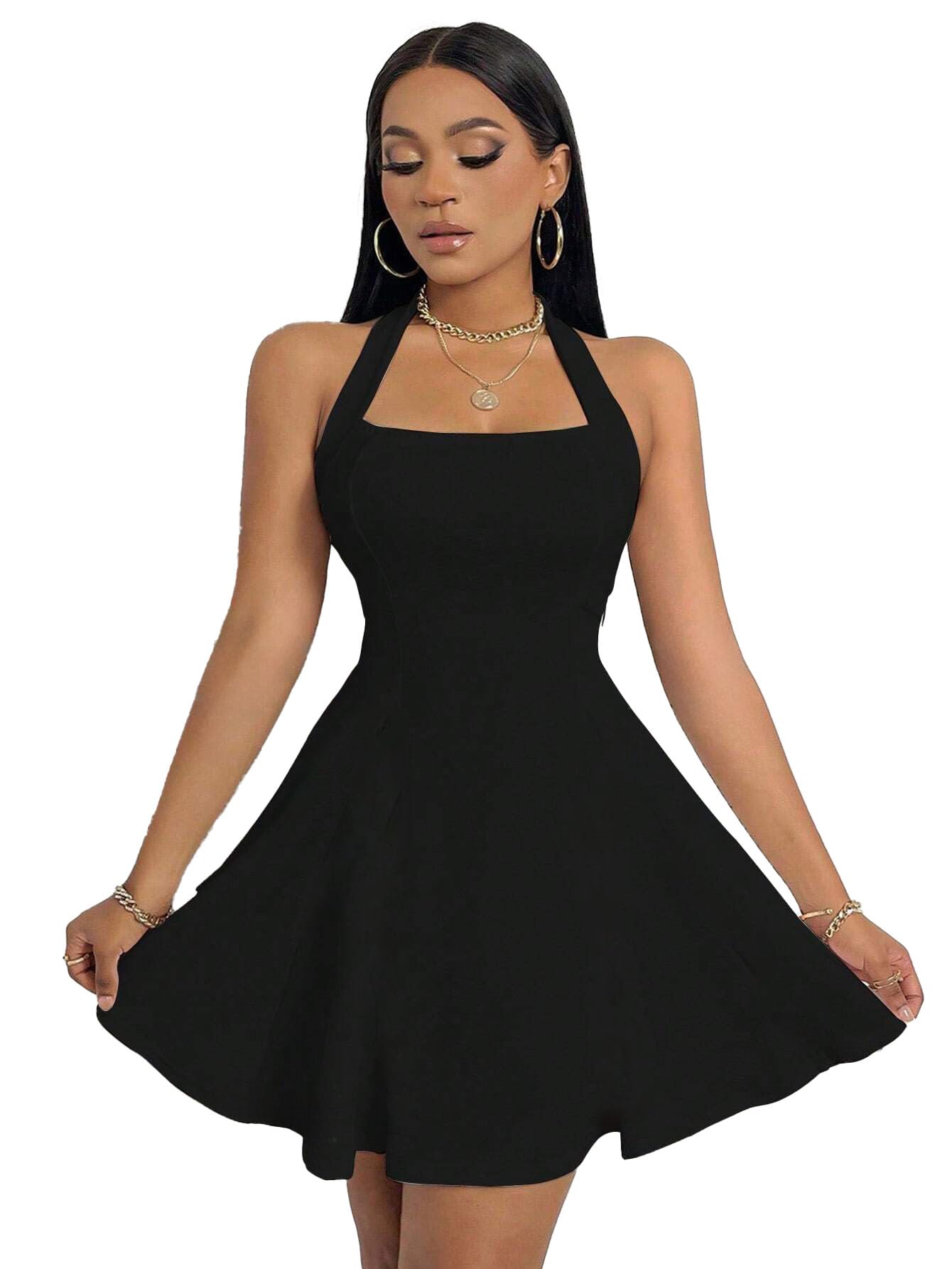 Solid Halter Neck Sleeveless Fit & Flared Mini Dress for Women