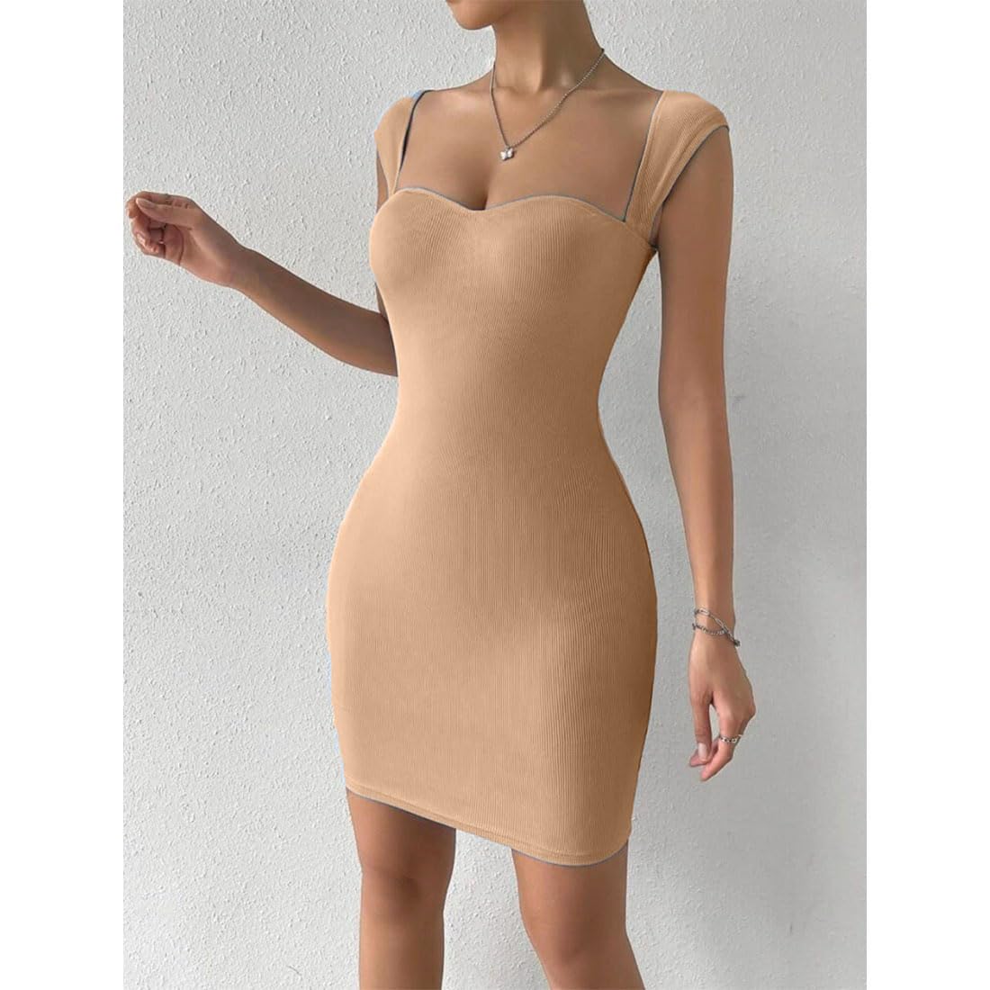 Solid Sweetheart Neck Short Sleeves Ribbed Mini Bodycon Dress for Women