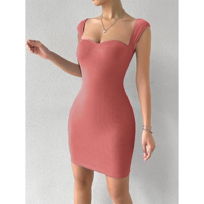 Solid Sweetheart Neck Short Sleeves Ribbed Mini Bodycon Dress for Women
