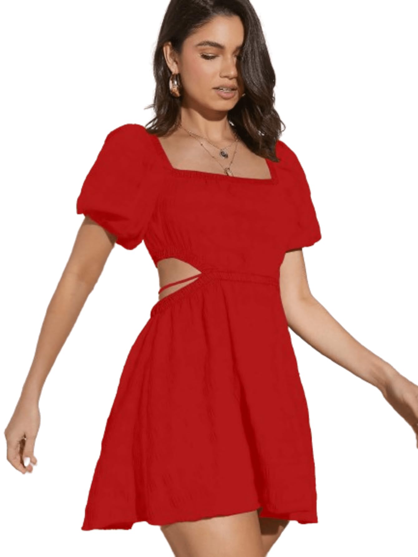 Girl's Fit And Flare Solid Summer Beach Square Neck Puff Sleeve Cut Out Waist Mini Dress