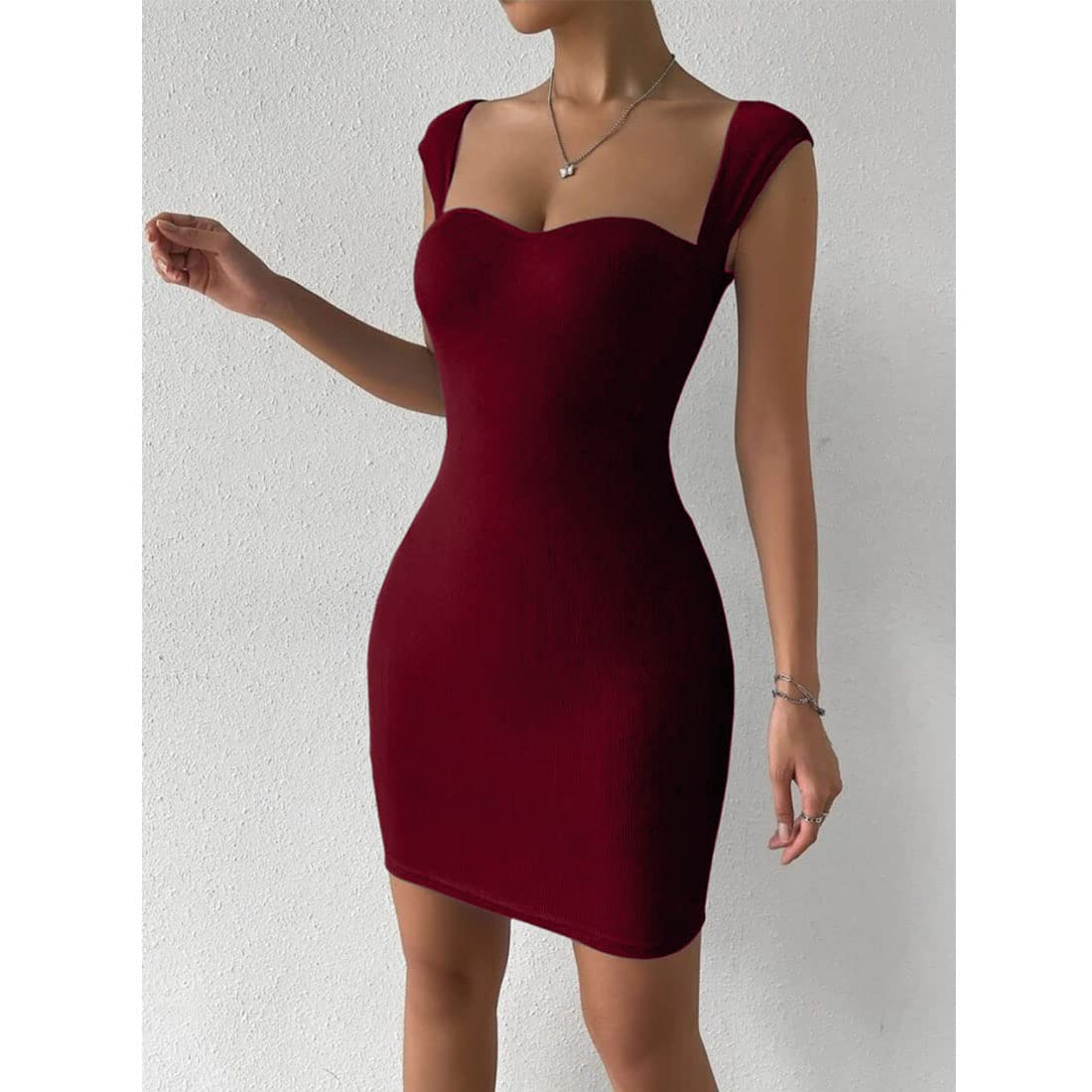 Solid Sweetheart Neck Short Sleeves Ribbed Mini Bodycon Dress for Women