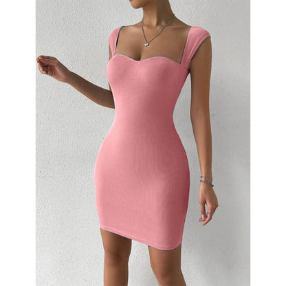 Solid Sweetheart Neck Short Sleeves Ribbed Mini Bodycon Dress for Women