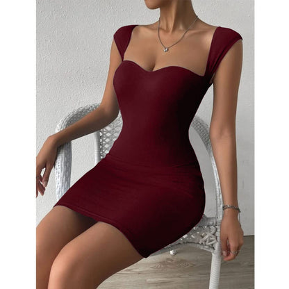 Solid Sweetheart Neck Short Sleeves Ribbed Mini Bodycon Dress for Women