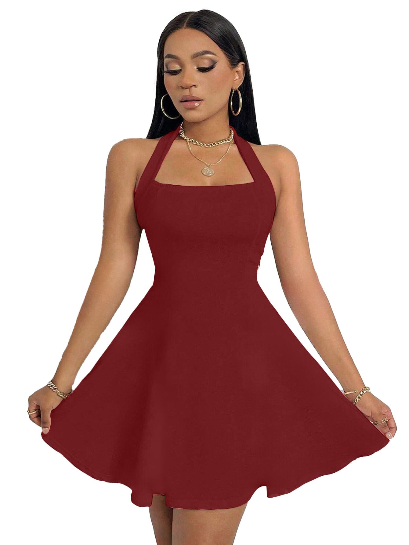 Solid Halter Neck Sleeveless Fit & Flared Mini Dress for Women