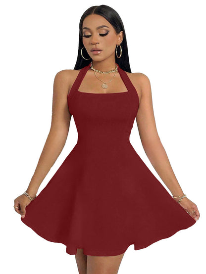 Solid Halter Neck Sleeveless Fit & Flared Mini Dress for Women