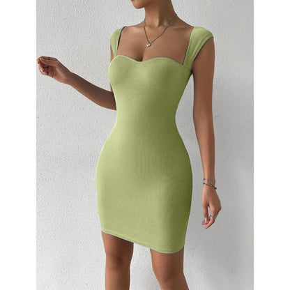Solid Sweetheart Neck Short Sleeves Ribbed Mini Bodycon Dress for Women