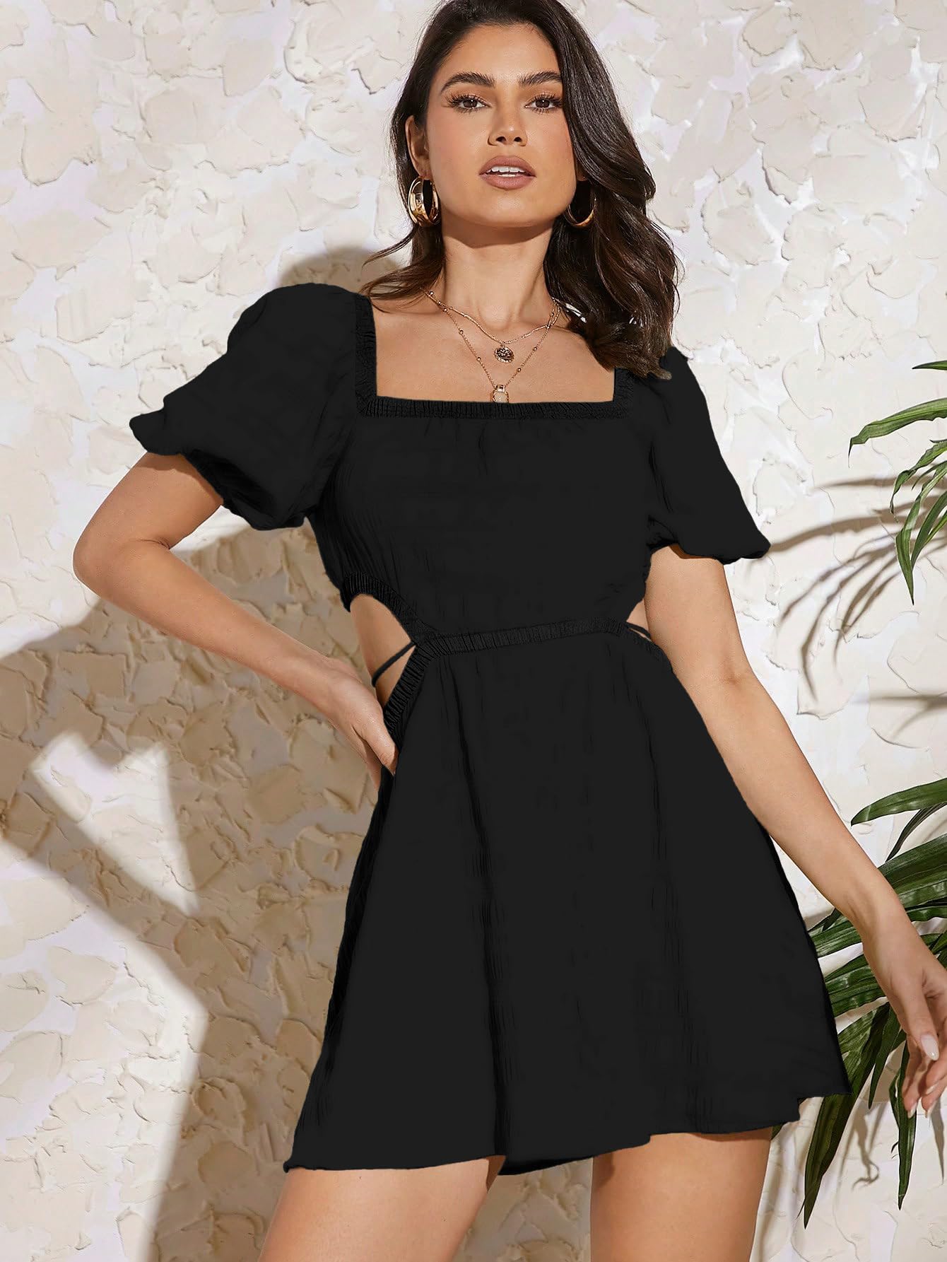 Girl's Fit And Flare Solid Summer Beach Square Neck Puff Sleeve Cut Out Waist Mini Dress