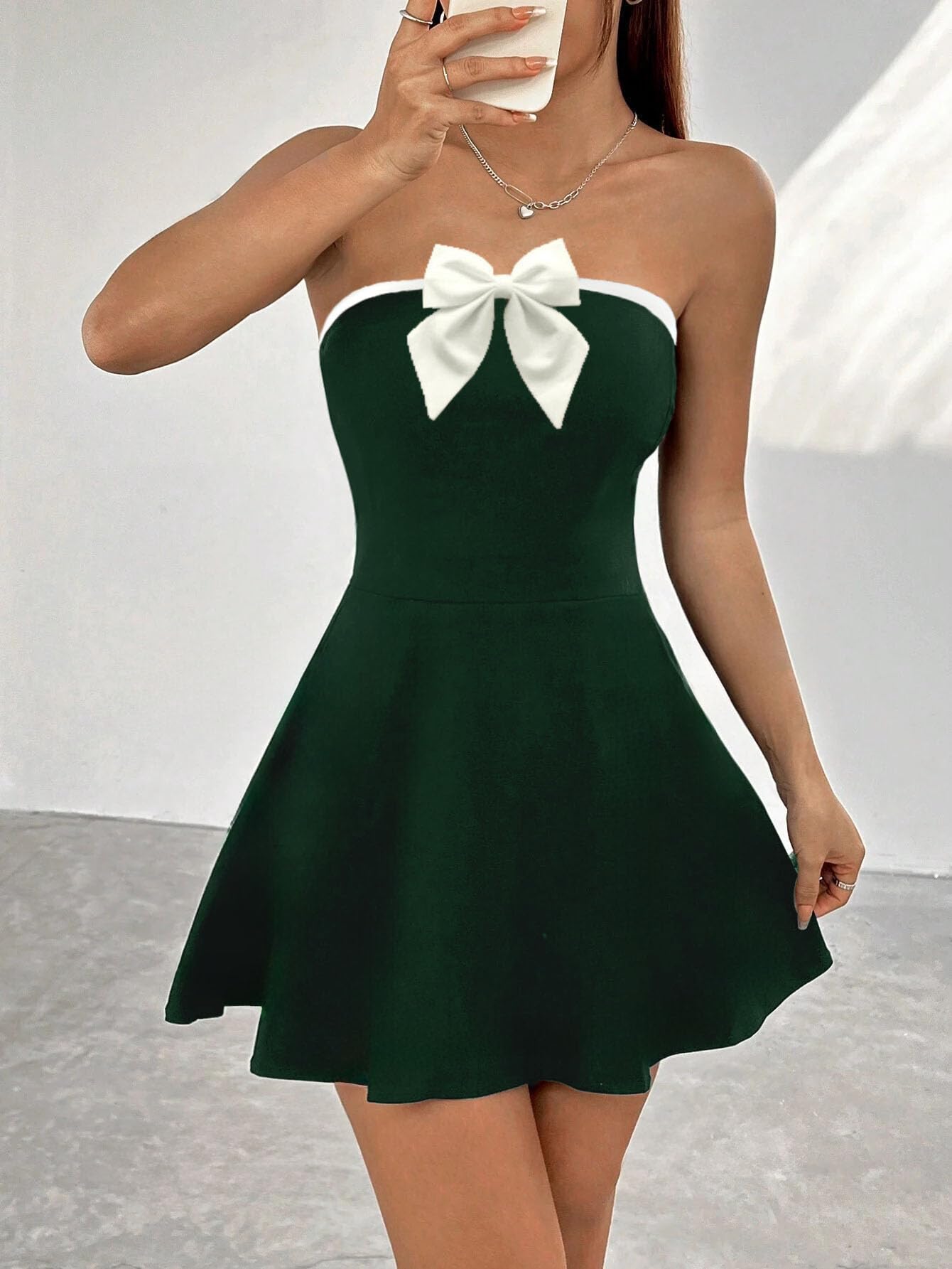 Solid Tube Bow Detailing Sleeveless Fit & Flare Mini Dress for Women