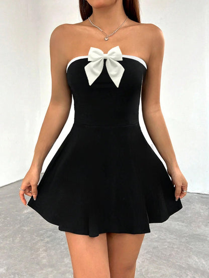 Solid Tube Bow Detailing Sleeveless Fit & Flare Mini Dress for Women