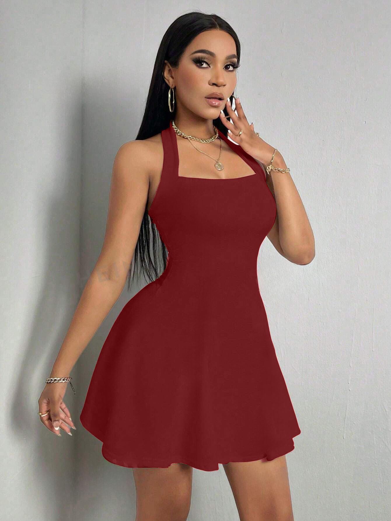 Solid Halter Neck Sleeveless Fit & Flared Mini Dress for Women