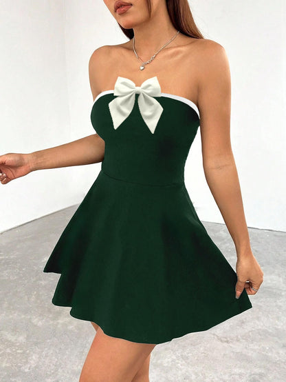 Solid Tube Bow Detailing Sleeveless Fit & Flare Mini Dress for Women