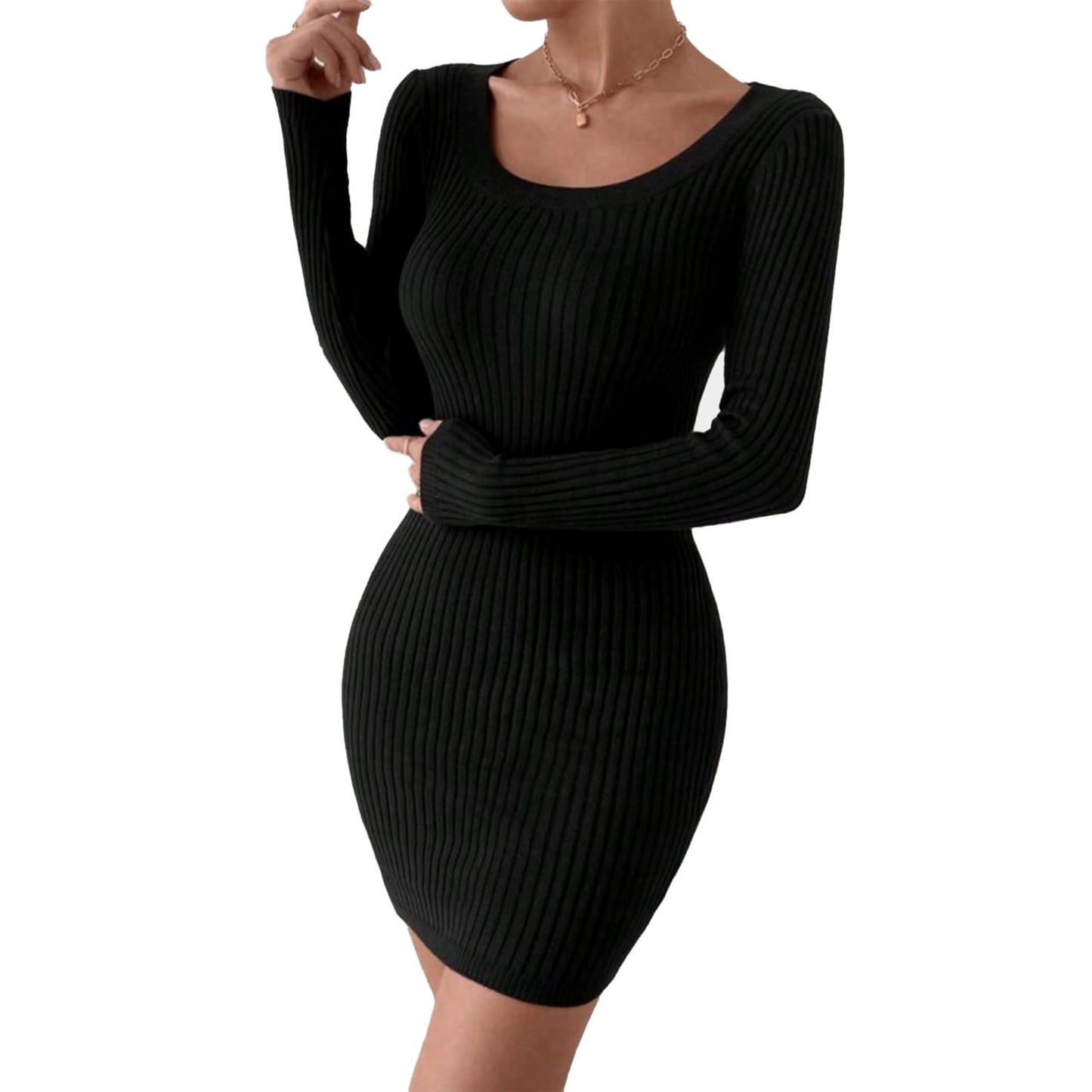 Solid Women Casual Ribbed Square Neck Long Sleeves Bodycon Dress