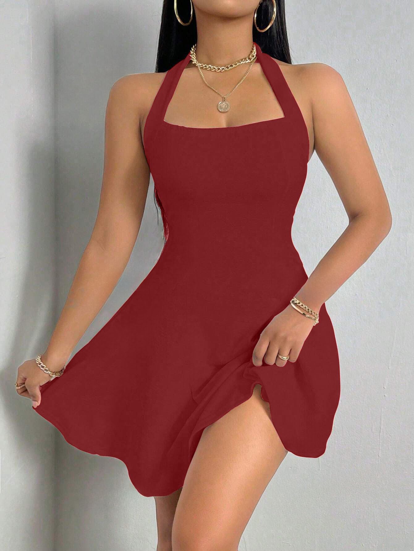 Solid Halter Neck Sleeveless Fit & Flared Mini Dress for Women