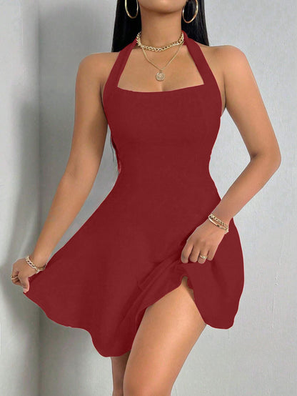 Solid Halter Neck Sleeveless Fit & Flared Mini Dress for Women