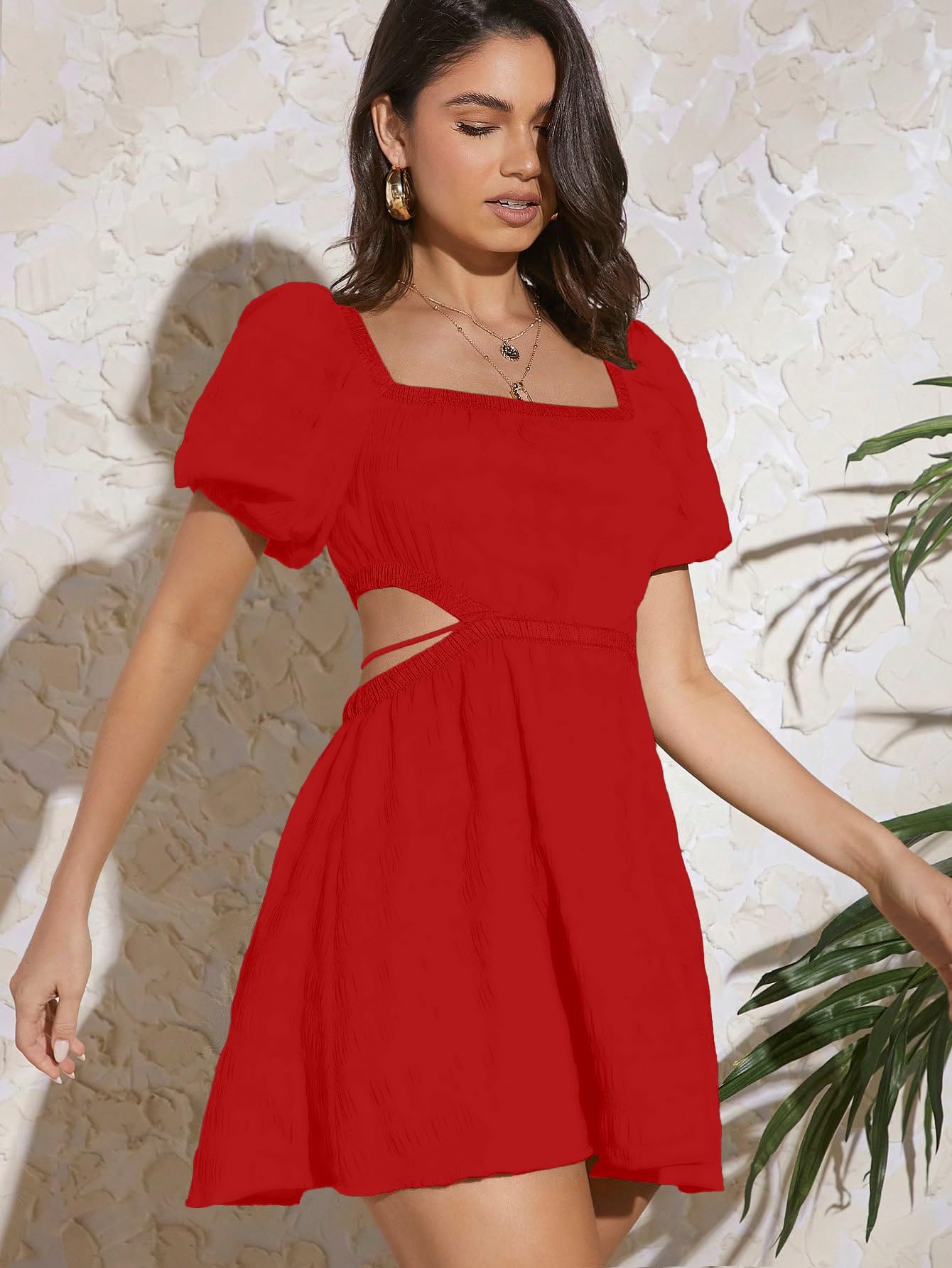 Girl's Fit And Flare Solid Summer Beach Square Neck Puff Sleeve Cut Out Waist Mini Dress