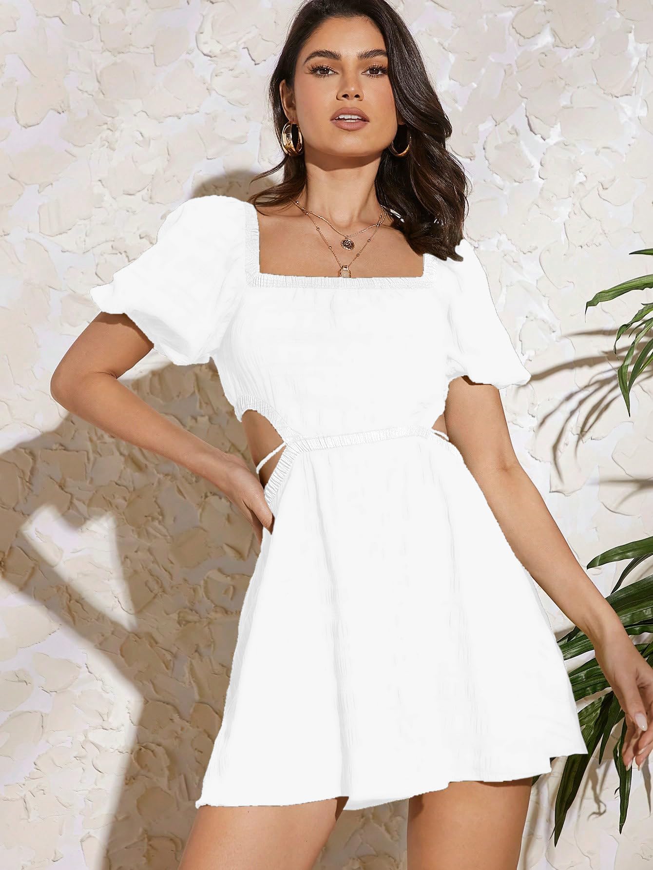 Girl's Fit And Flare Solid Summer Beach Square Neck Puff Sleeve Cut Out Waist Mini Dress