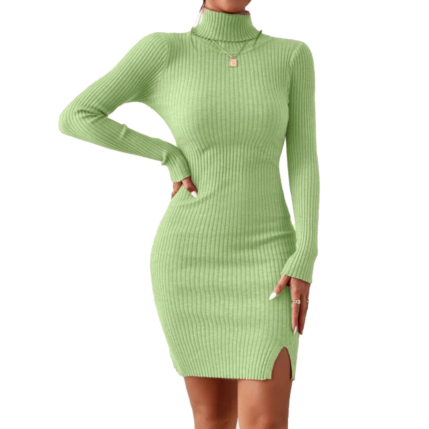 Solid Turtle Neck Regular Fit Casual Ribbed Knit Long Sleeve Bodycon Dress for Women