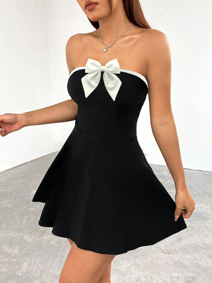 Solid Tube Bow Detailing Sleeveless Fit & Flare Mini Dress for Women