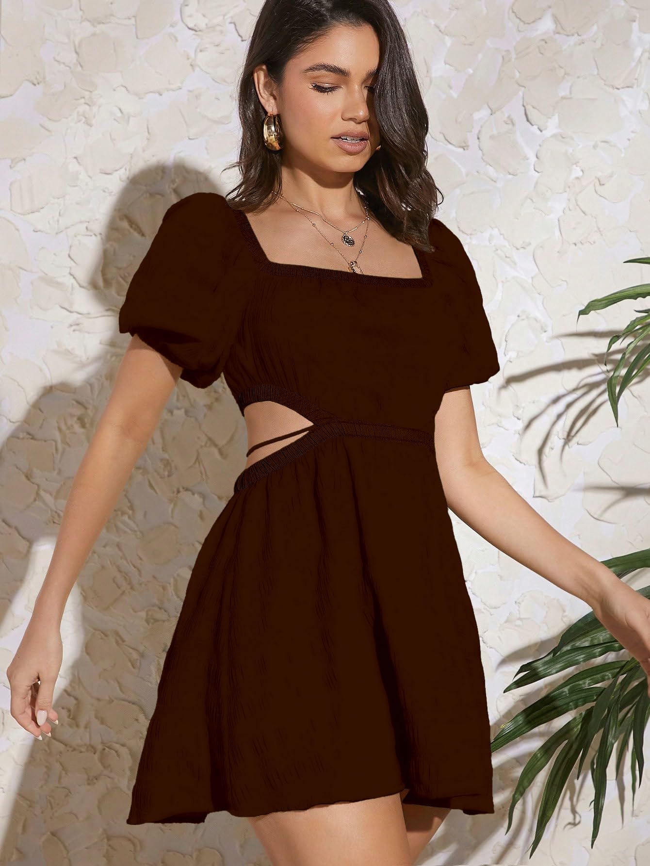 Girl's Fit And Flare Solid Summer Beach Square Neck Puff Sleeve Cut Out Waist Mini Dress