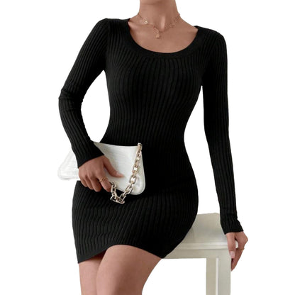 Solid Women Casual Ribbed Square Neck Long Sleeves Bodycon Dress