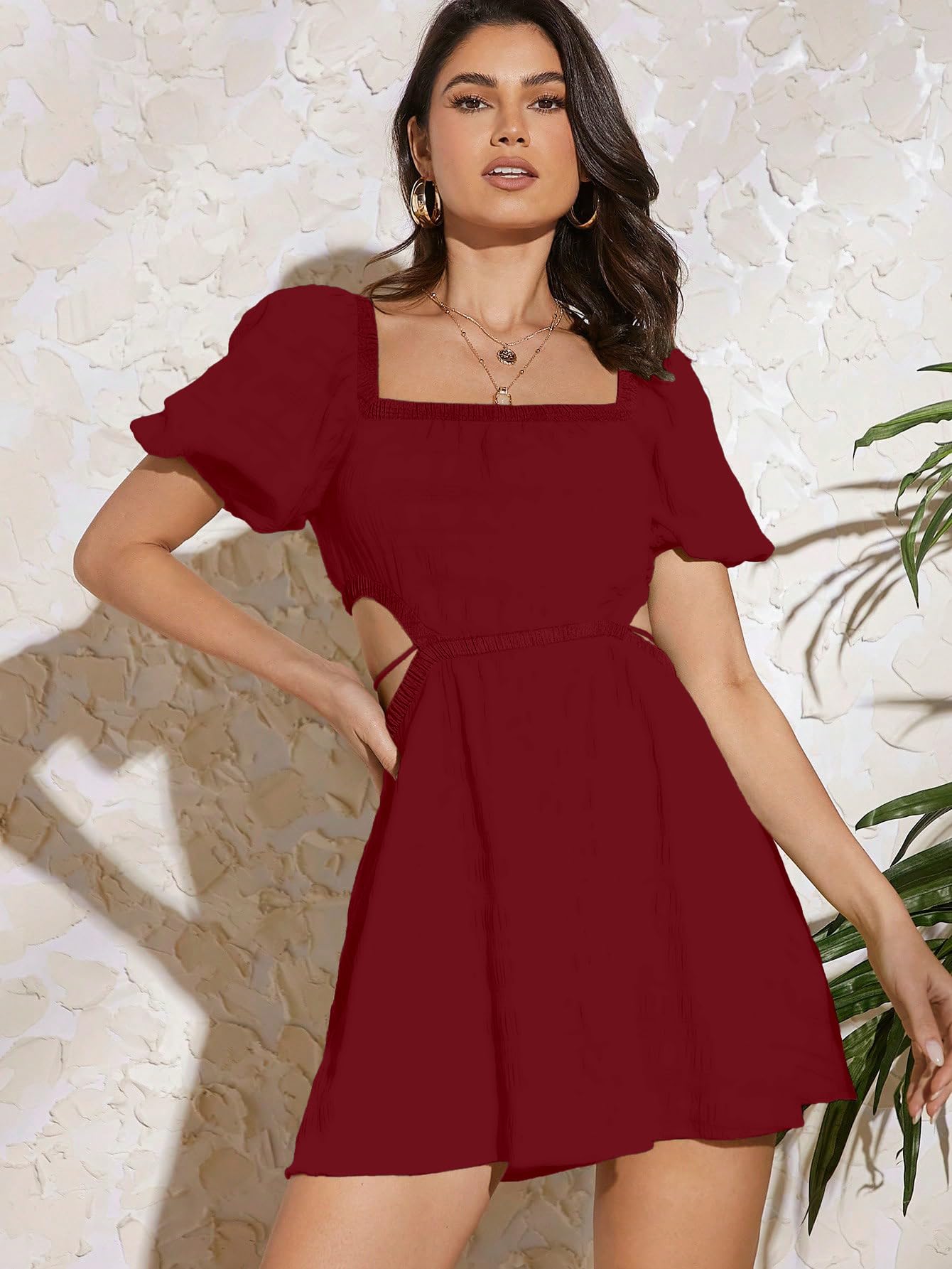 Girl's Fit And Flare Solid Summer Beach Square Neck Puff Sleeve Cut Out Waist Mini Dress