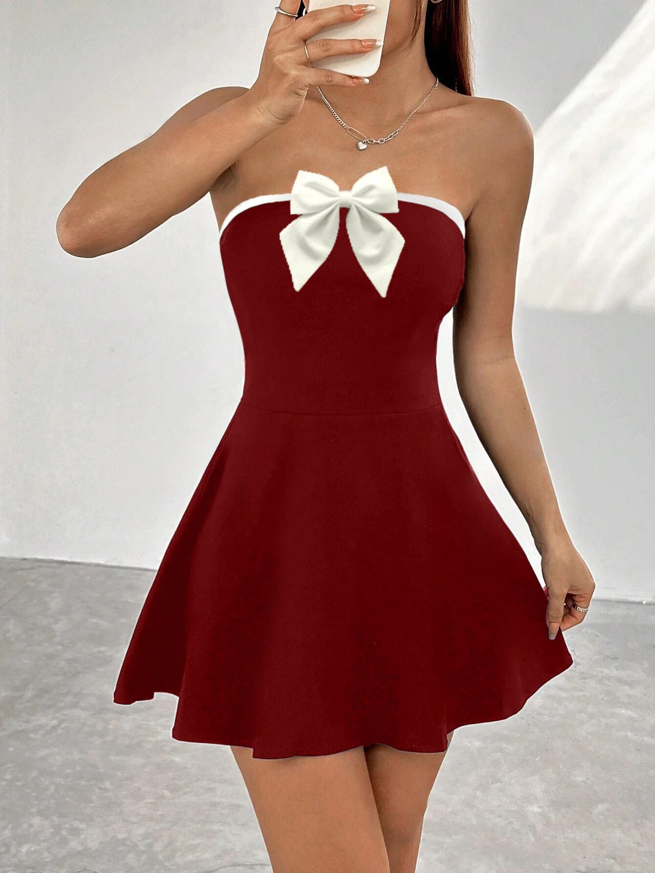 Solid Tube Bow Detailing Sleeveless Fit & Flare Mini Dress for Women