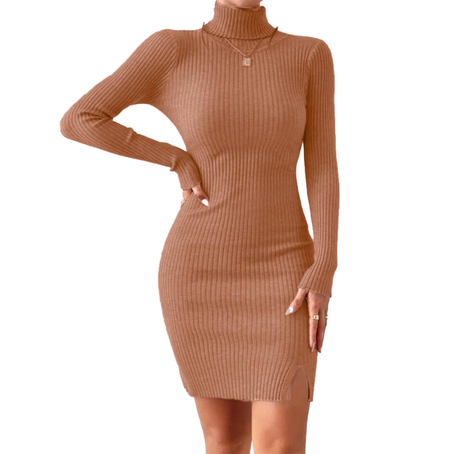 Solid Turtle Neck Regular Fit Casual Ribbed Knit Long Sleeve Bodycon Dress for Women