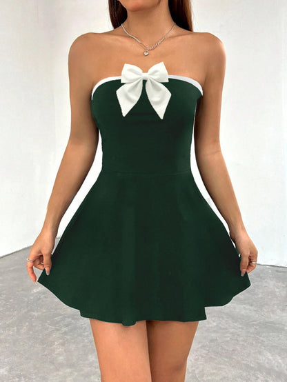 Solid Tube Bow Detailing Sleeveless Fit & Flare Mini Dress for Women